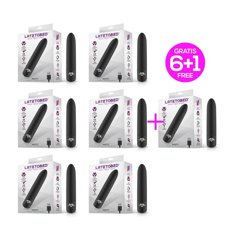 Pack 6 +1 Shoty Vibrating Bullet USB 10 Speeds Powerful Motor Black